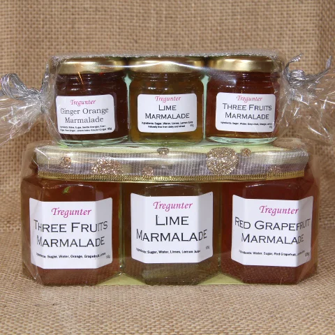 A marmalade gift pack — three mini jars over three larger jars of Tregunter marmalade.