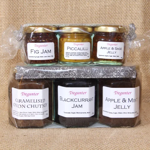 A Tregunter gift pack of mini and standard jars, tied by hand.