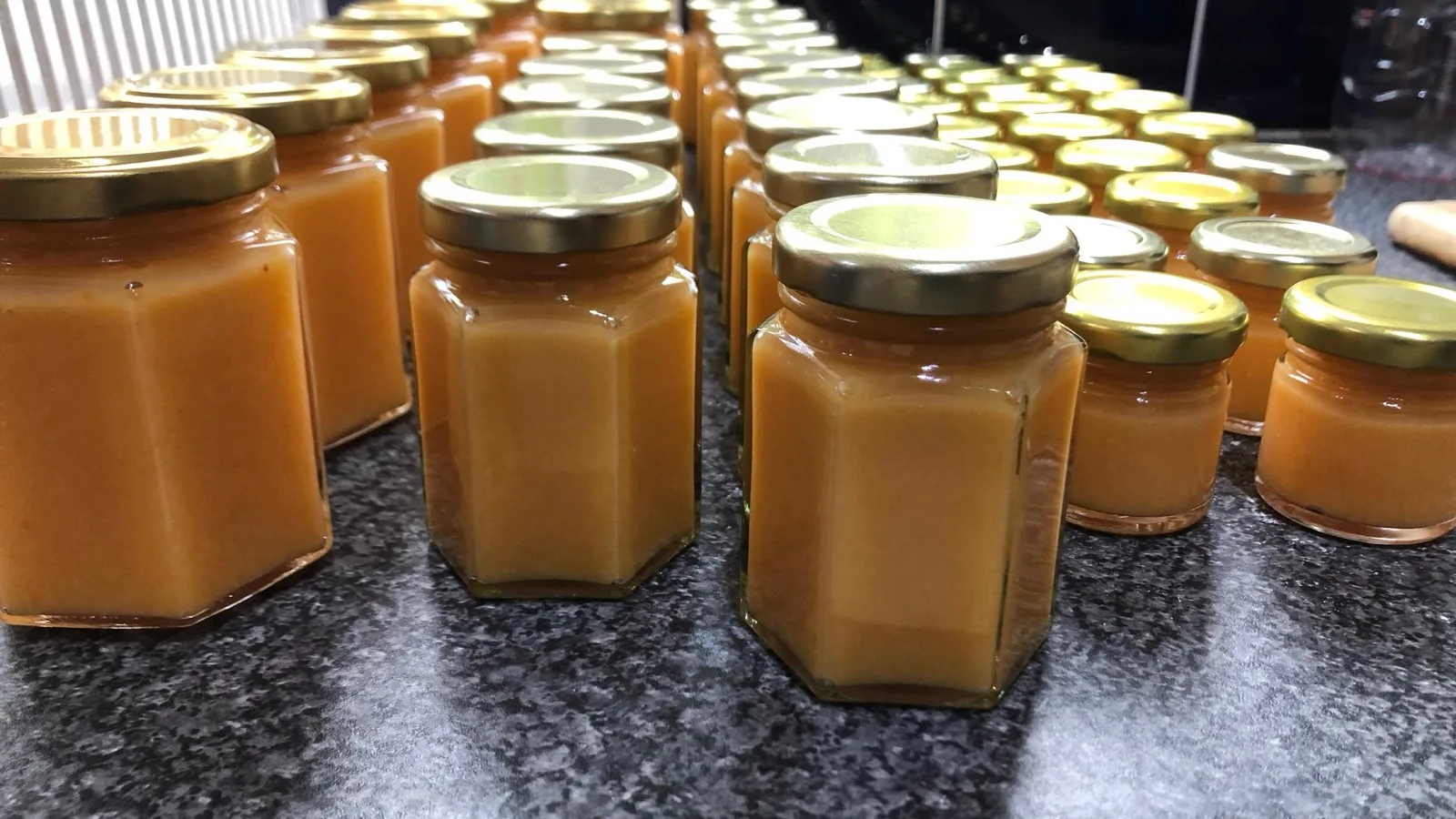 Rows of freshly-made apricot curd jars on a granite counter — golden through the glass, brass-coloured lids catching the light.