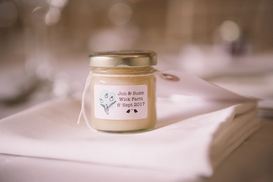 Tregunter wedding favour jars with personalised labels.
